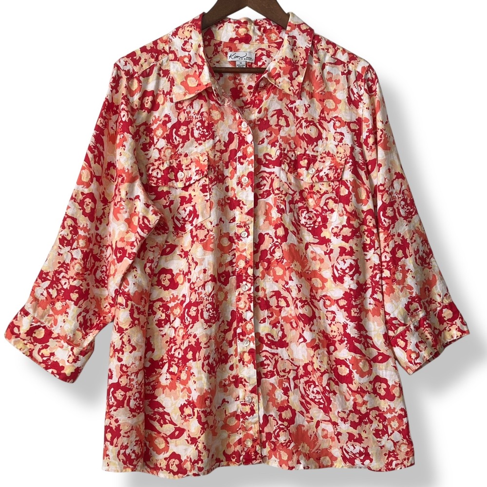 Kim Rogers 1X Button Up Blouse Pink Floral 100% Linen Art To Wear Lagenlook Chic